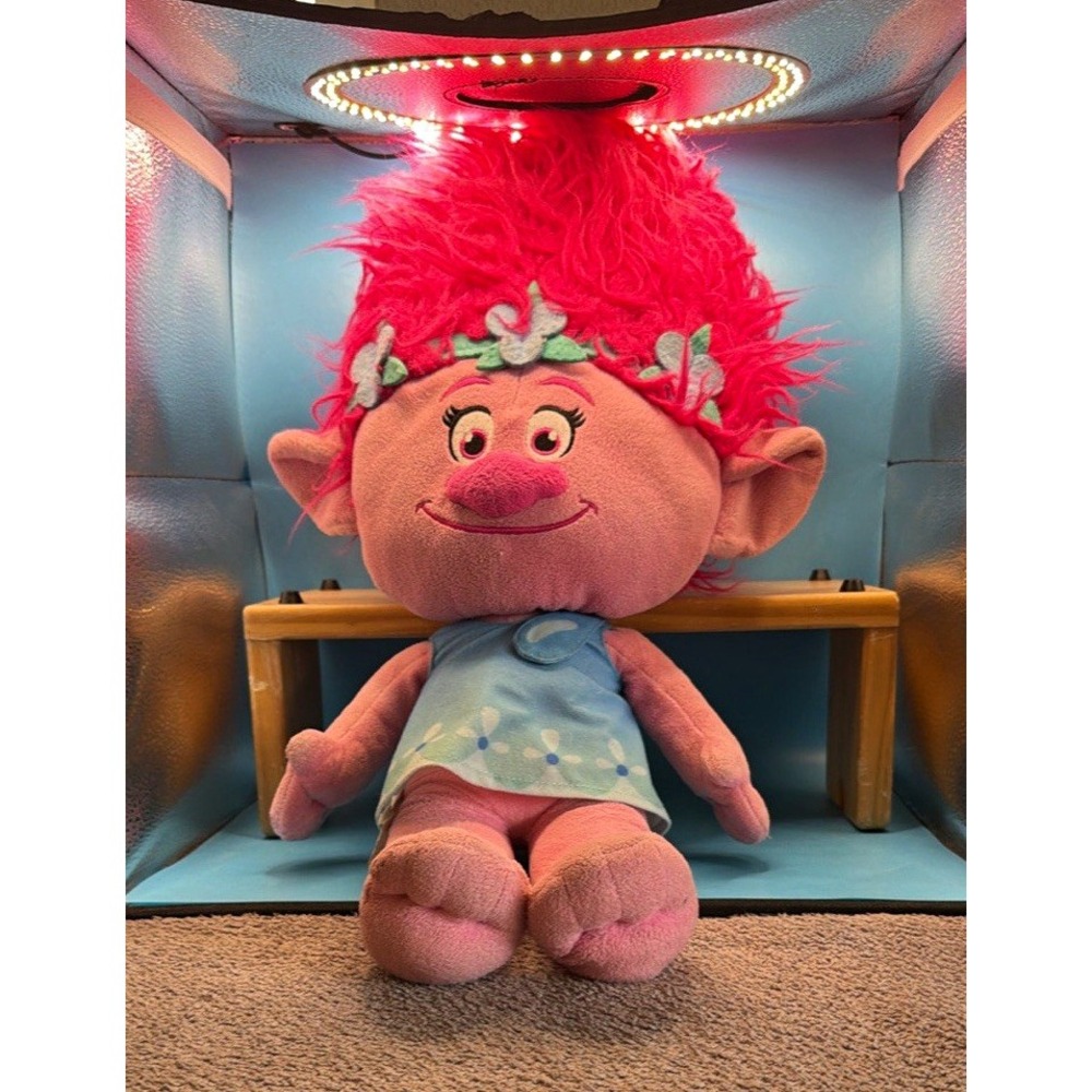DreamWorks Trolls Poppy Plush Doll Pink Red Hair Blue Dress Washable 24 in tall
